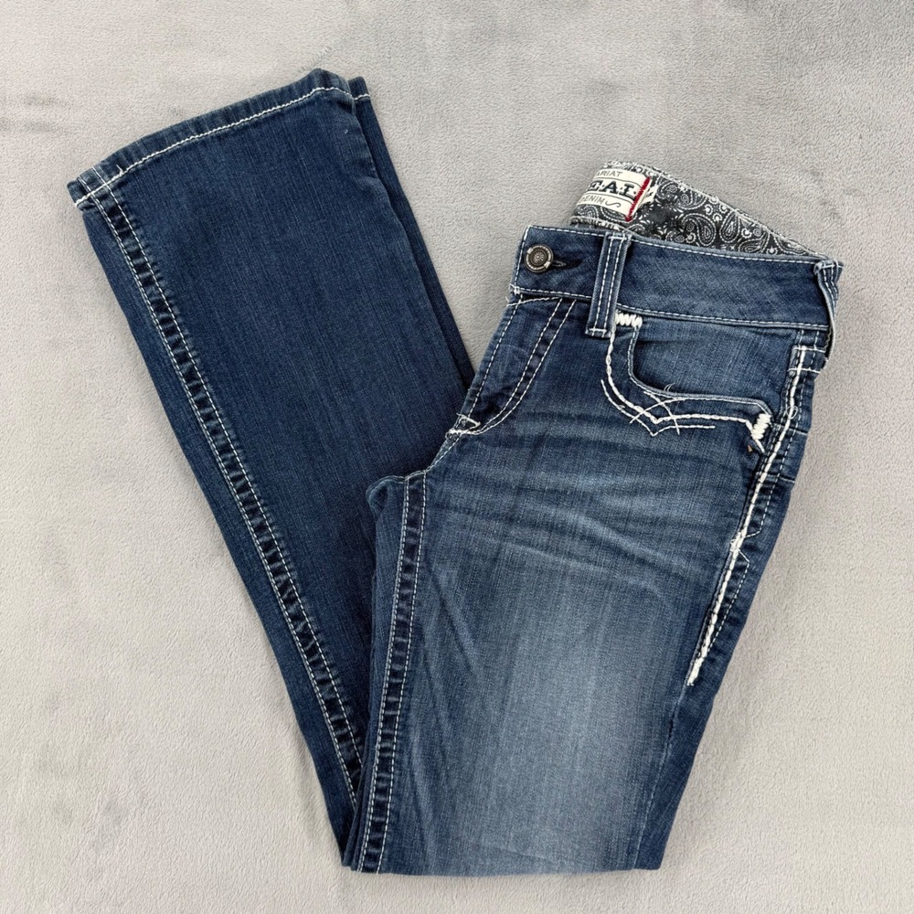 Ariat REAL Denim Jeans Womens 28R Bootcut Medium Wash Stretch Thick Stitch
